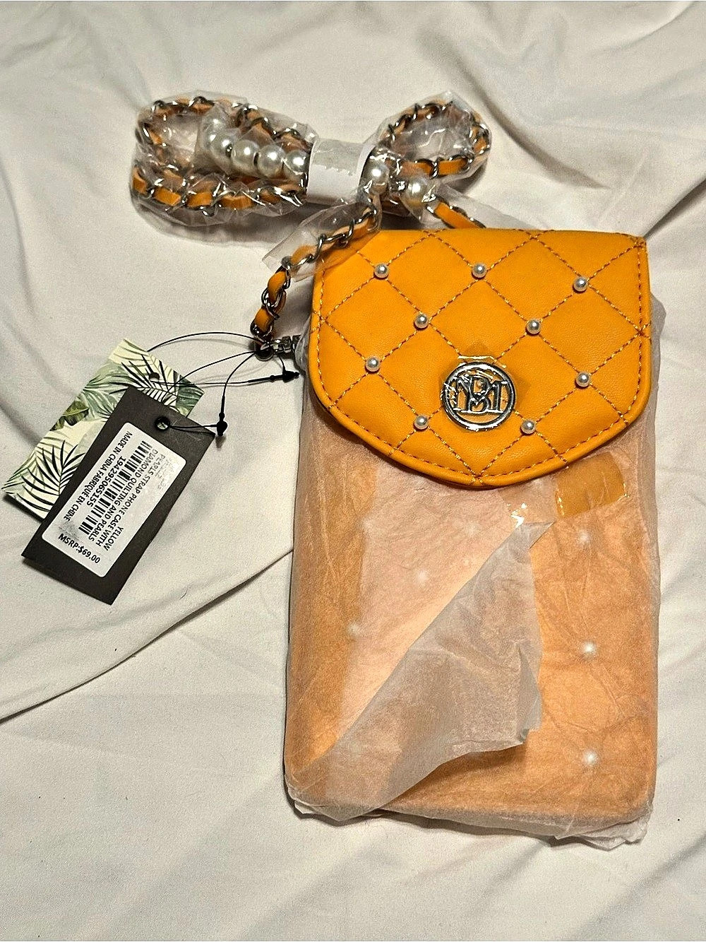 Badgley Mischka Pearls Strap Phone Case with Diamond Quilting and Pearls Pearl